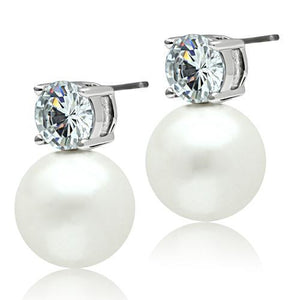 3W088 - Rhodium Brass Earrings with Synthetic Pearl in White