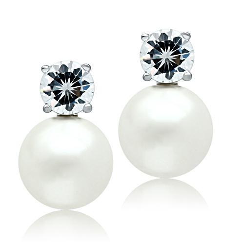3W088 - Rhodium Brass Earrings with Synthetic Pearl in White