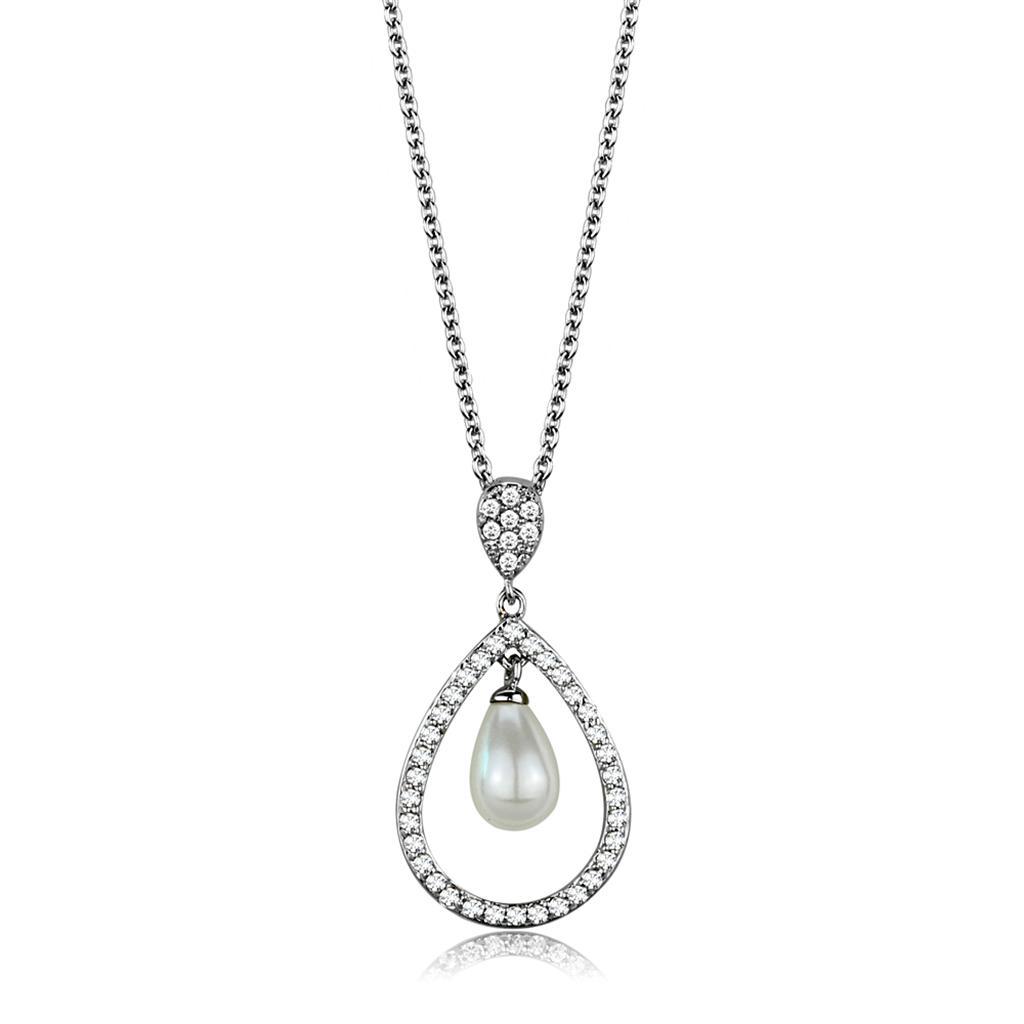 3W1031 - Rhodium Brass Chain Pendant with Synthetic Pearl in White