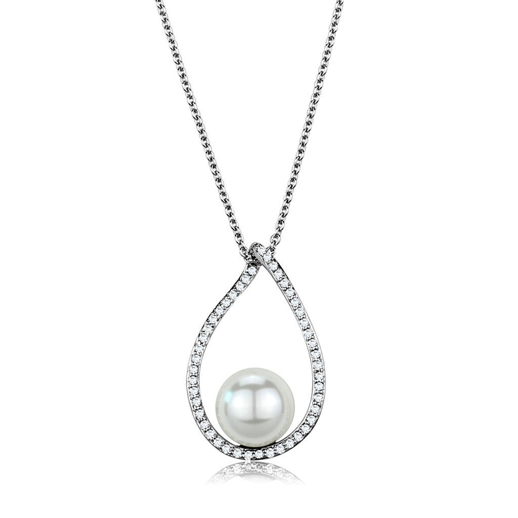 3W1036 - Rhodium Brass Chain Pendant with Synthetic Pearl in White