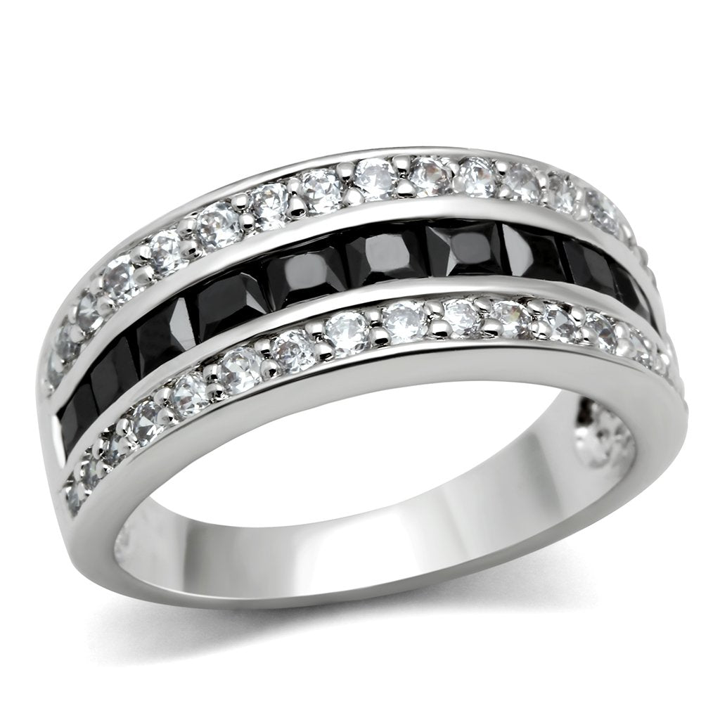3W117 - Rhodium Brass Ring with AAA Grade CZ  in Jet