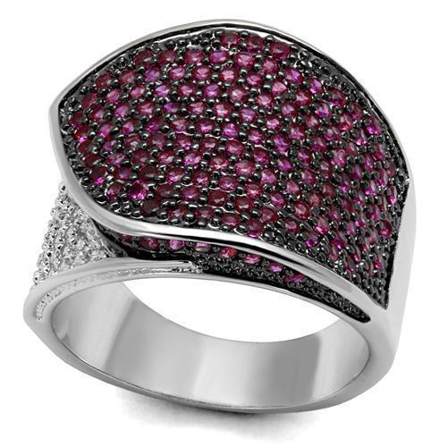 3W1217 - Rhodium + Ruthenium Brass Ring with AAA Grade CZ  in Ruby