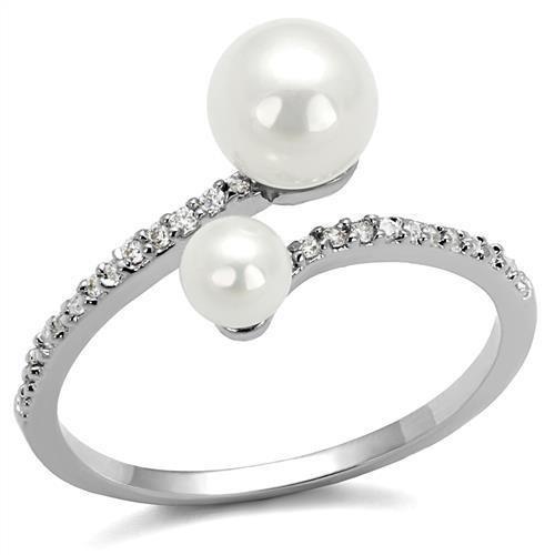3W1236 - Rhodium Brass Ring with Synthetic Pearl in White
