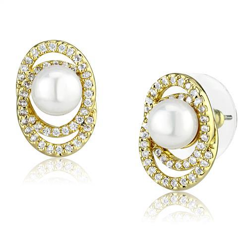 3W1262 - Gold Brass Earrings with Synthetic Pearl in White