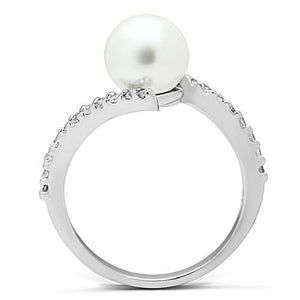 3W126 - Rhodium Brass Ring with Synthetic Pearl in White