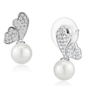 3W1299 - Rhodium Brass Earrings with Synthetic Pearl in White
