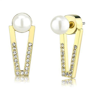 3W1315 - Gold Brass Earrings with Synthetic Pearl in White