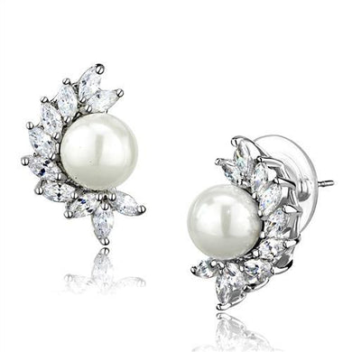 3W1354 - Rhodium Brass Earrings with Synthetic Pearl in White