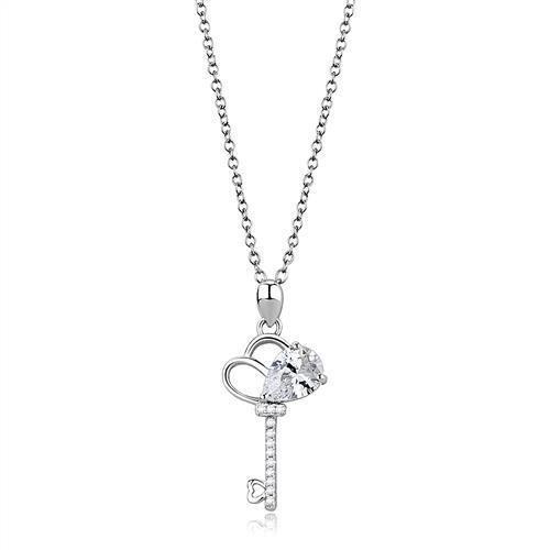 3W1380 - Rhodium 925 Sterling Silver Chain Pendant with AAA Grade CZ  in Clear
