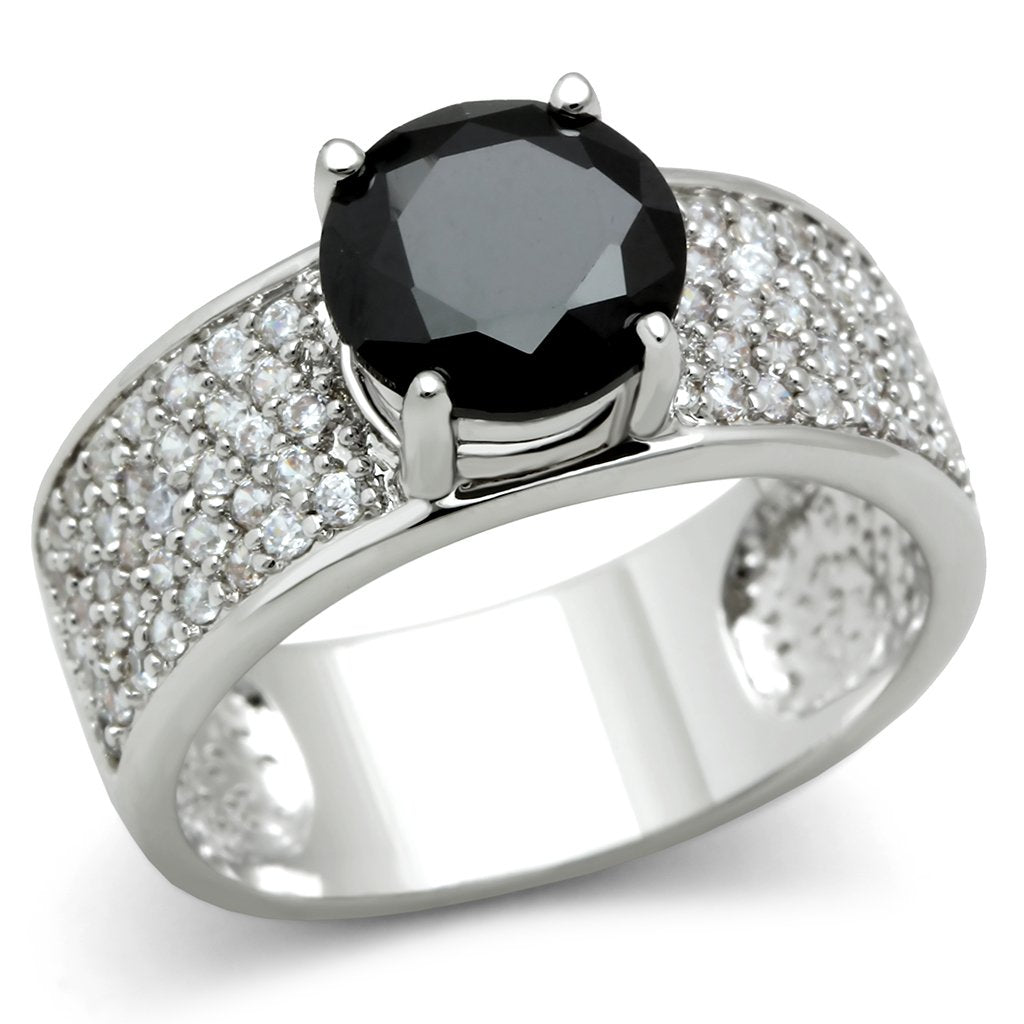 3W145 - Rhodium Brass Ring with AAA Grade CZ  in Jet