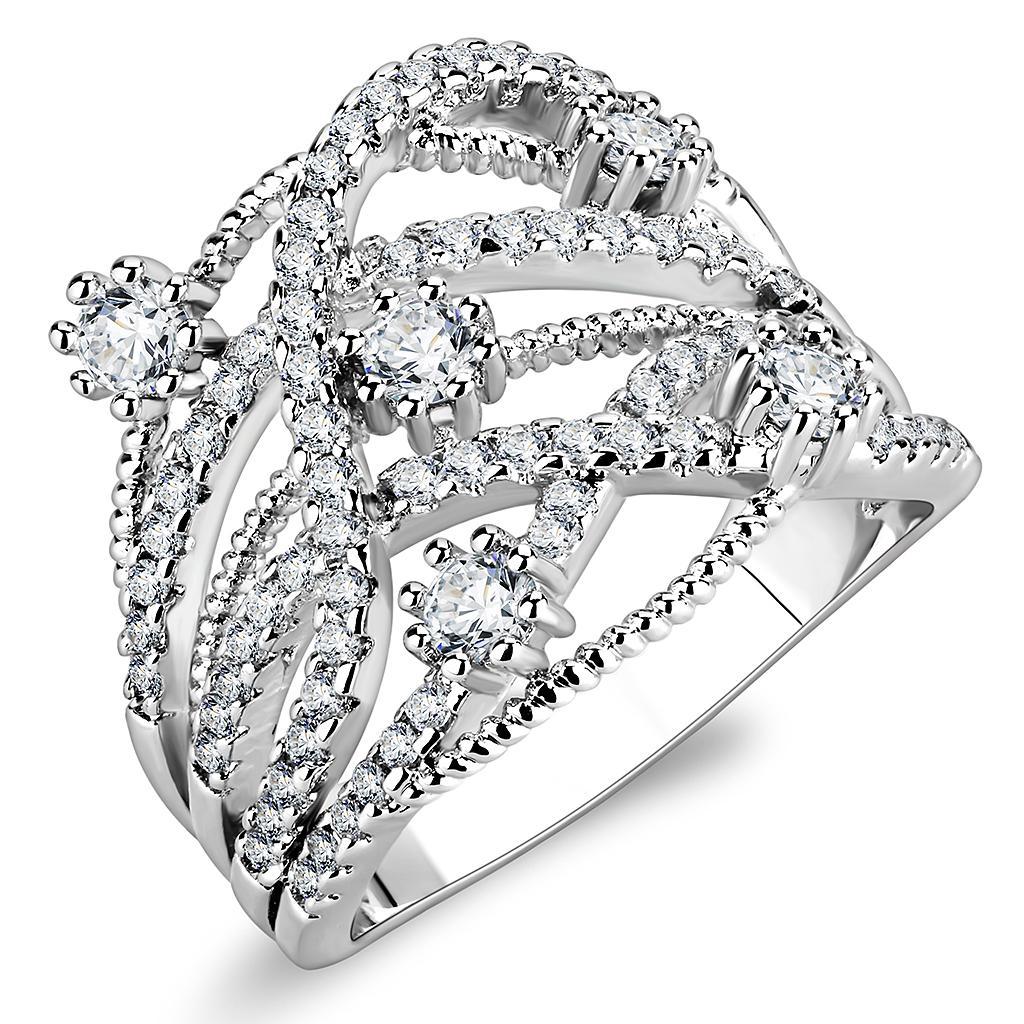 3W1463 - Rhodium Brass Ring with AAA Grade CZ  in Clear