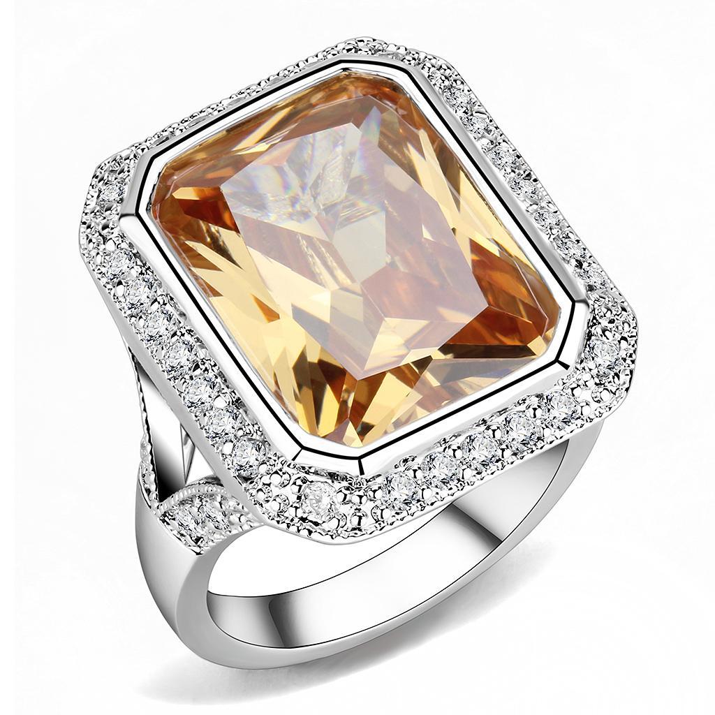 3W1471 - Rhodium Brass Ring with AAA Grade CZ  in Champagne