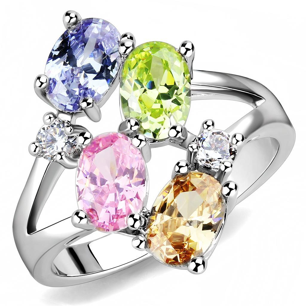 Jean Cocktail Ring - Rhodium Brass, AAA CZ , Multi Color - 3W1474