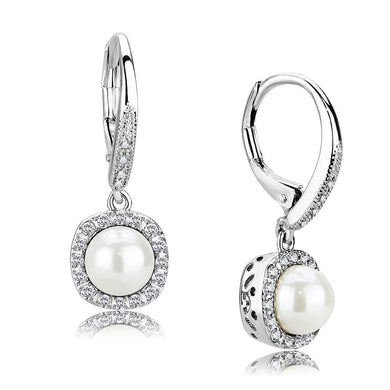 3W1479 - Rhodium Brass Earrings with Synthetic Pearl in White