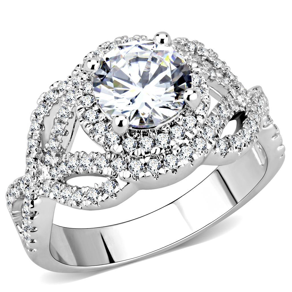 3W1519 - Rhodium Brass Ring with AAA Grade CZ  in Clear