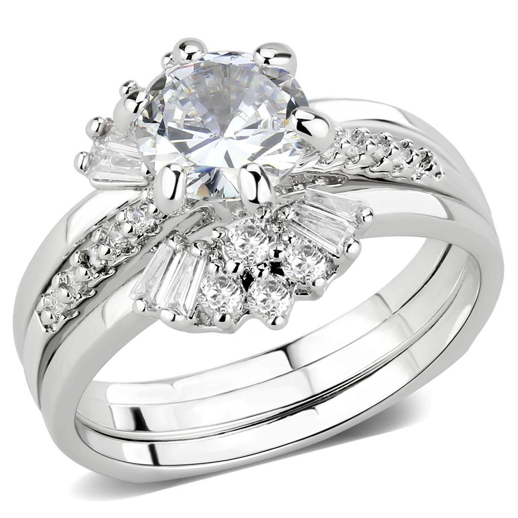 3W1558 - Rhodium Brass Ring with AAA Grade CZ  in Clear
