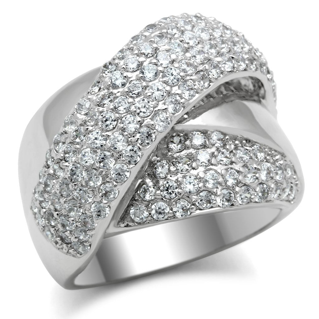 3W160 - Rhodium Brass Ring with AAA Grade CZ  in Clear