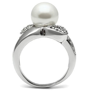 3W182 - Rhodium Brass Ring with Synthetic Pearl in White