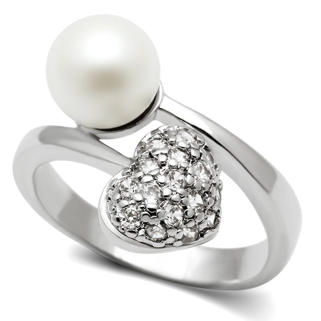 3W192 - Rhodium Brass Ring with Synthetic Pearl in White