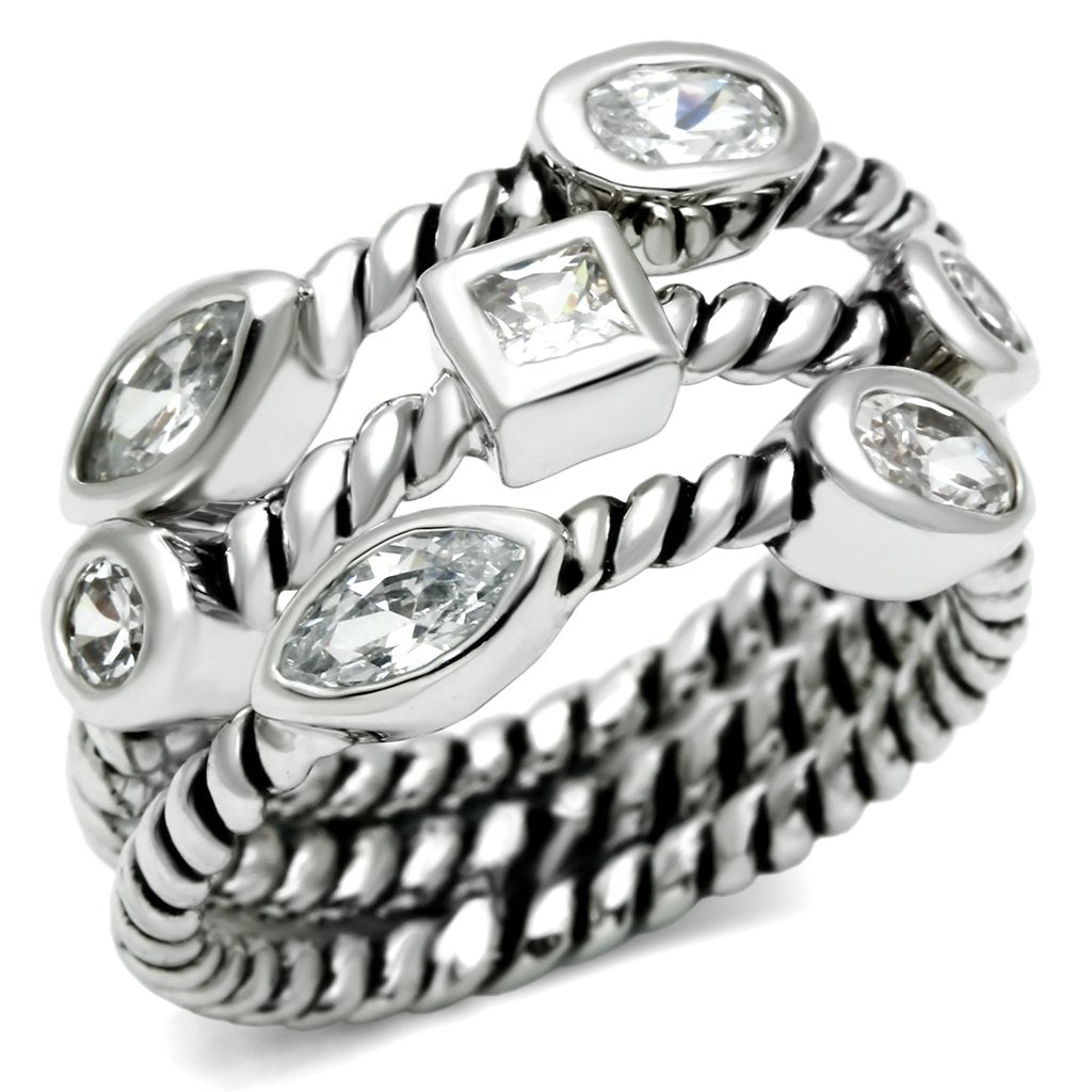 3W212 - Rhodium Brass Ring with AAA Grade CZ  in Clear