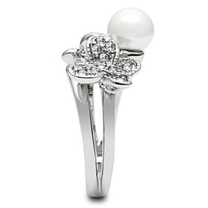 3W223 - Rhodium Brass Ring with Synthetic Pearl in White
