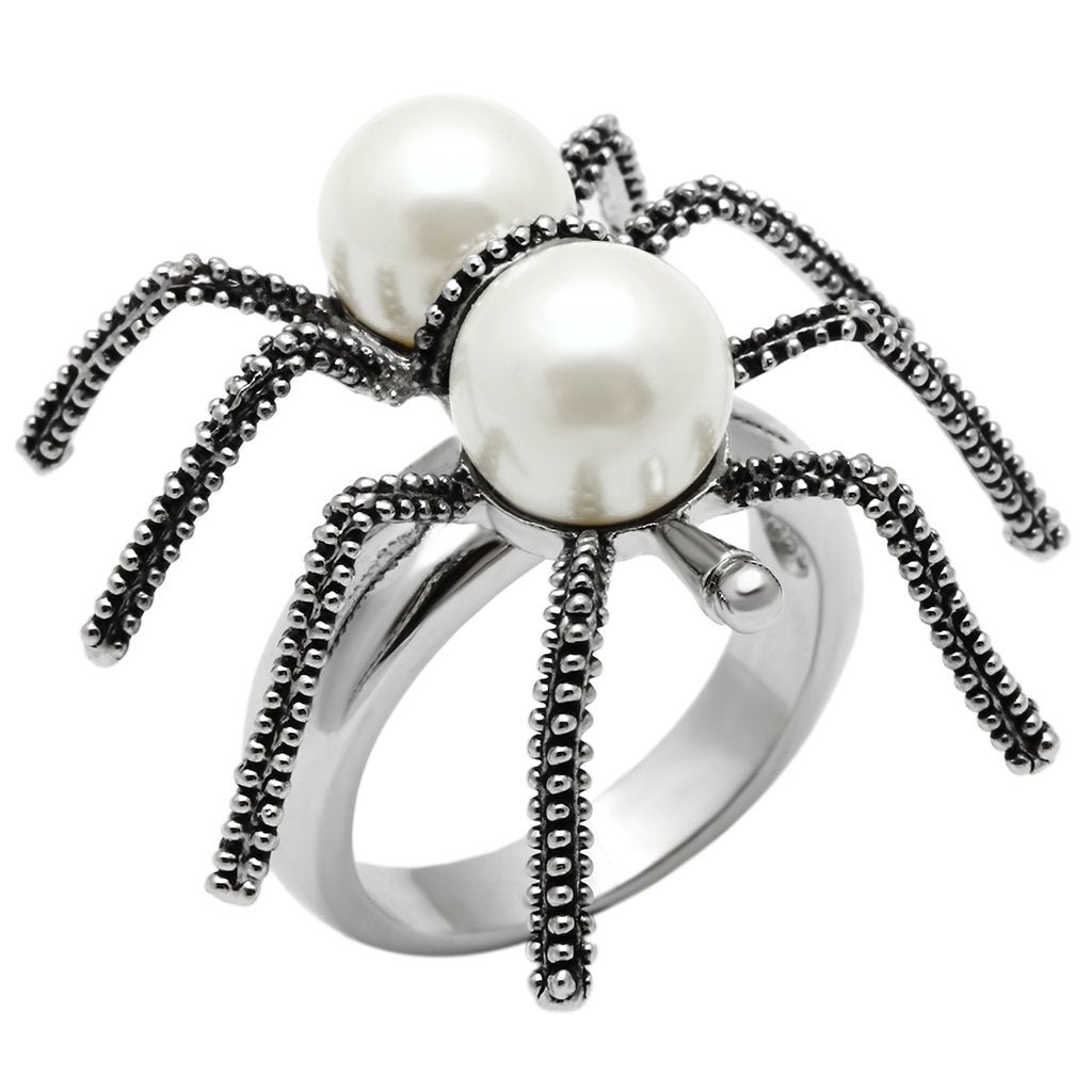 3W226 - Rhodium Brass Ring with Synthetic Pearl in White