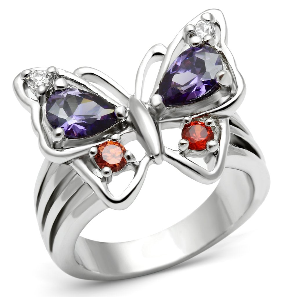 3W233 - Rhodium Brass Ring with AAA Grade CZ  in Multi Color