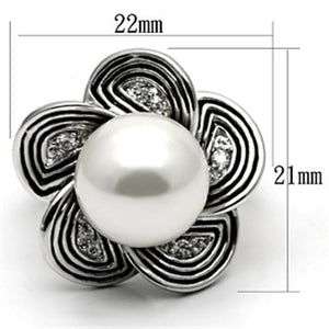 3W240 - Rhodium Brass Ring with Synthetic Pearl in White