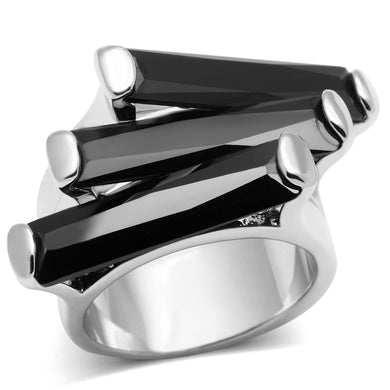 3W247 - Rhodium Brass Ring with AAA Grade CZ  in Black Diamond