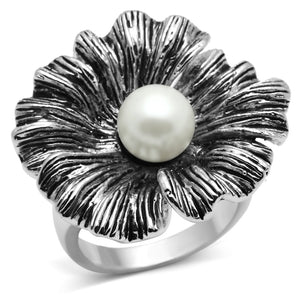 3W259 - Rhodium Brass Ring with Synthetic Pearl in White