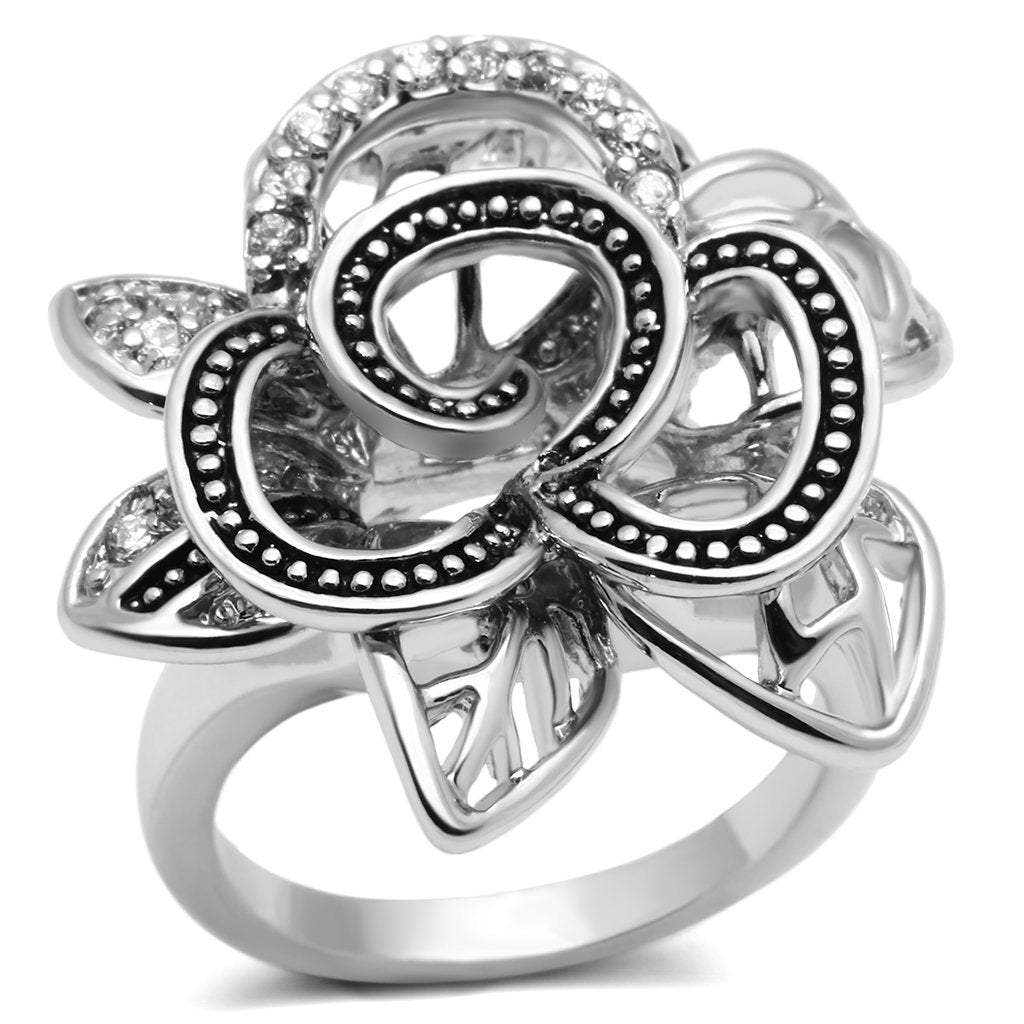 3W261 - Rhodium Brass Ring with AAA Grade CZ  in Clear