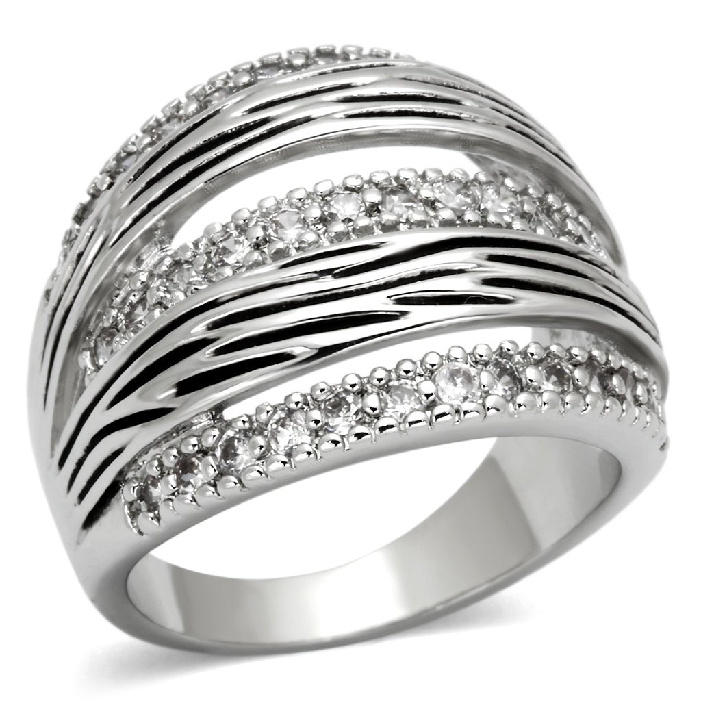 3W307 - Rhodium Brass Ring with AAA Grade CZ  in Clear