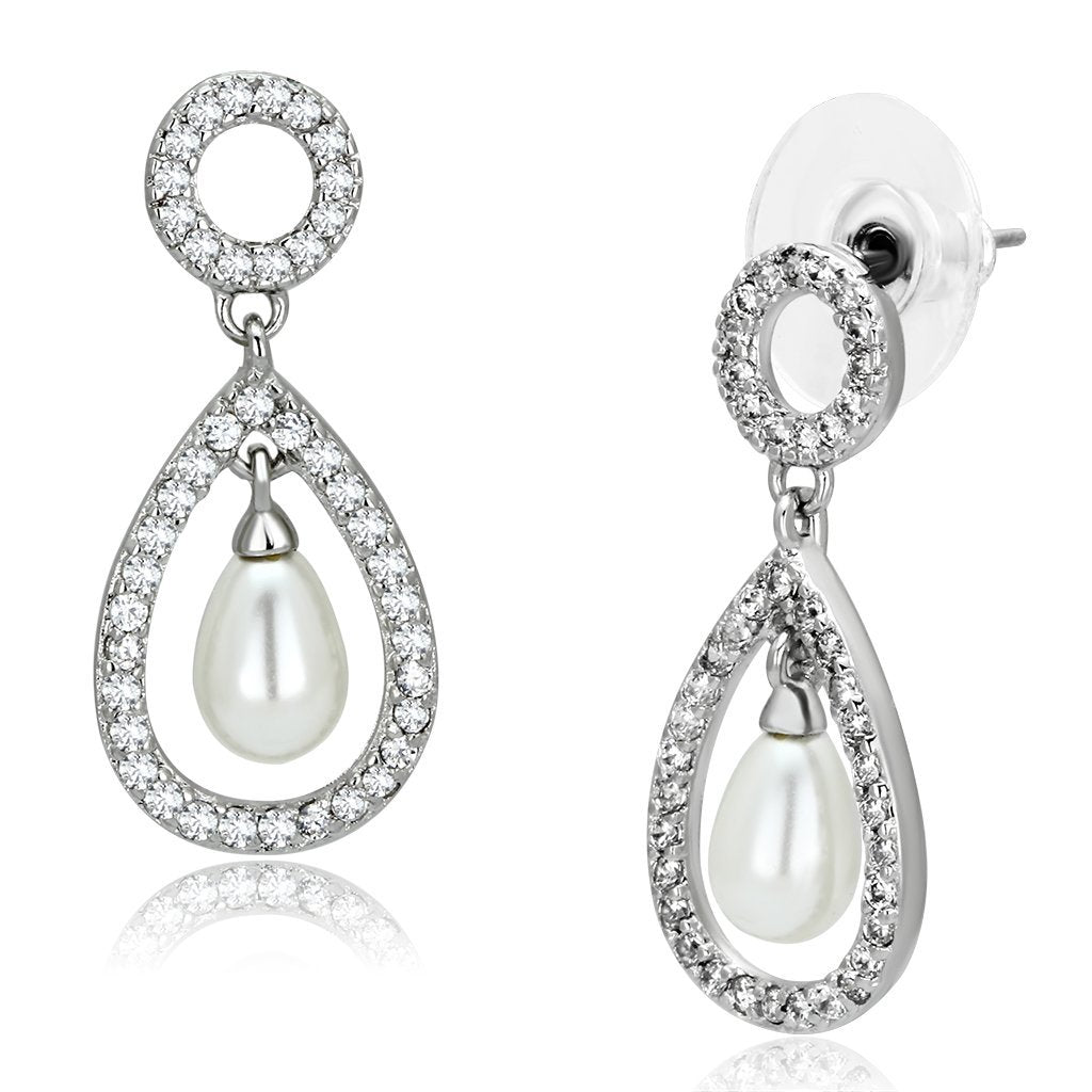 3W341 - Rhodium Brass Earrings with Synthetic Pearl in White