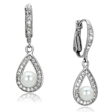 3W344 - Rhodium Brass Earrings with Synthetic Pearl in White