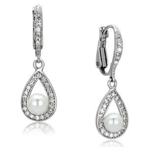 3W344 - Rhodium Brass Earrings with Synthetic Pearl in White