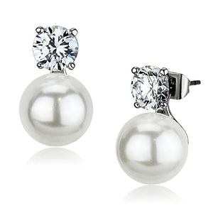 3W348 - Rhodium Brass Earrings with Synthetic Pearl in White