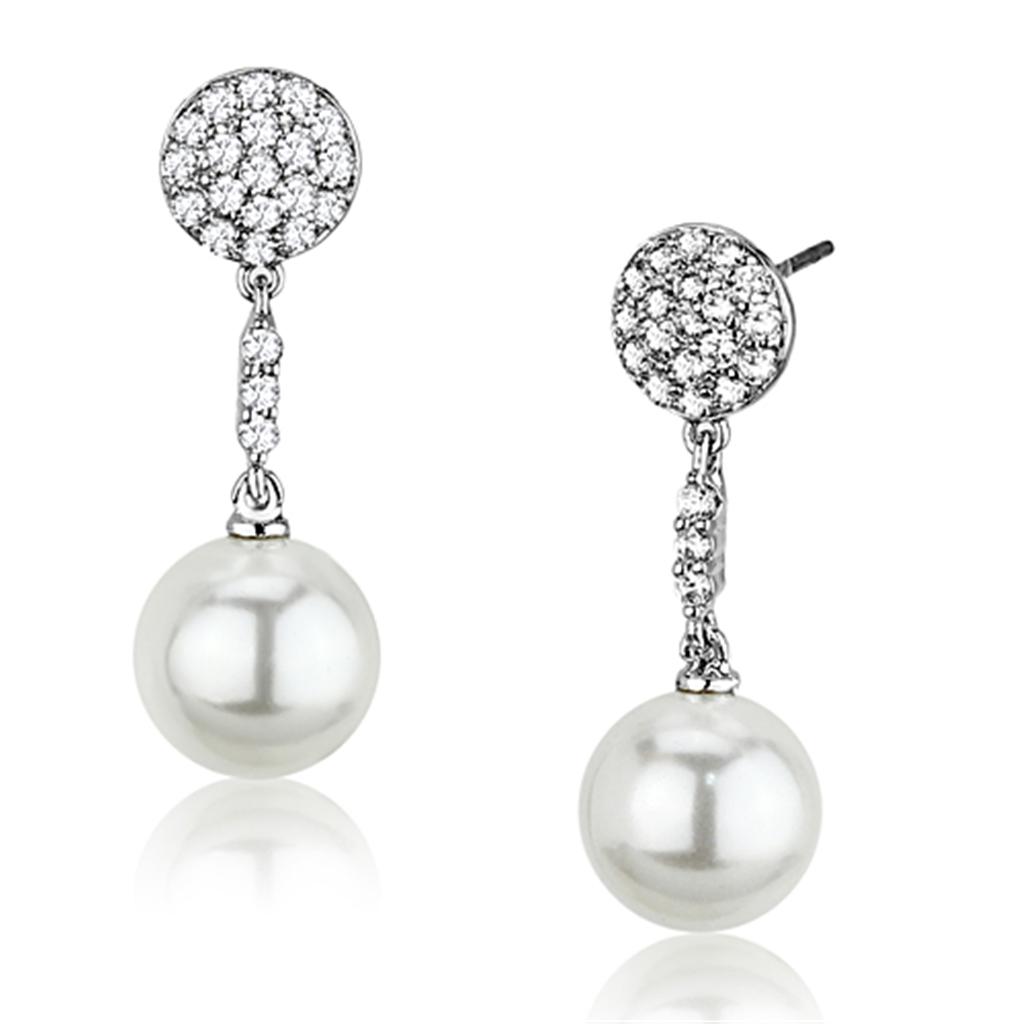 3W350 - Rhodium Brass Earrings with Synthetic Pearl in White