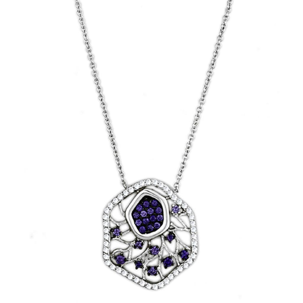 3W438 - Rhodium + Ruthenium Brass Necklace with AAA Grade CZ  in Amethyst