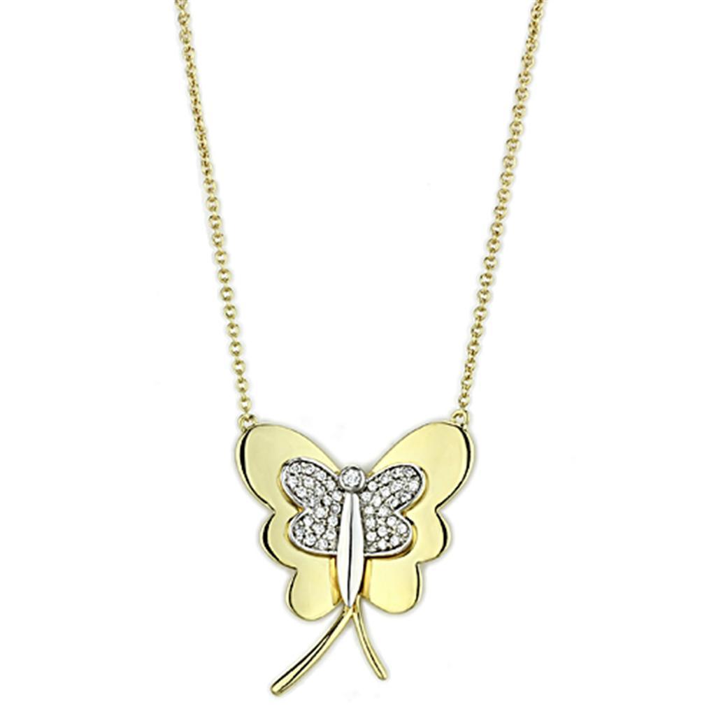 3W459 - Gold+Rhodium Brass Necklace with AAA Grade CZ  in Clear