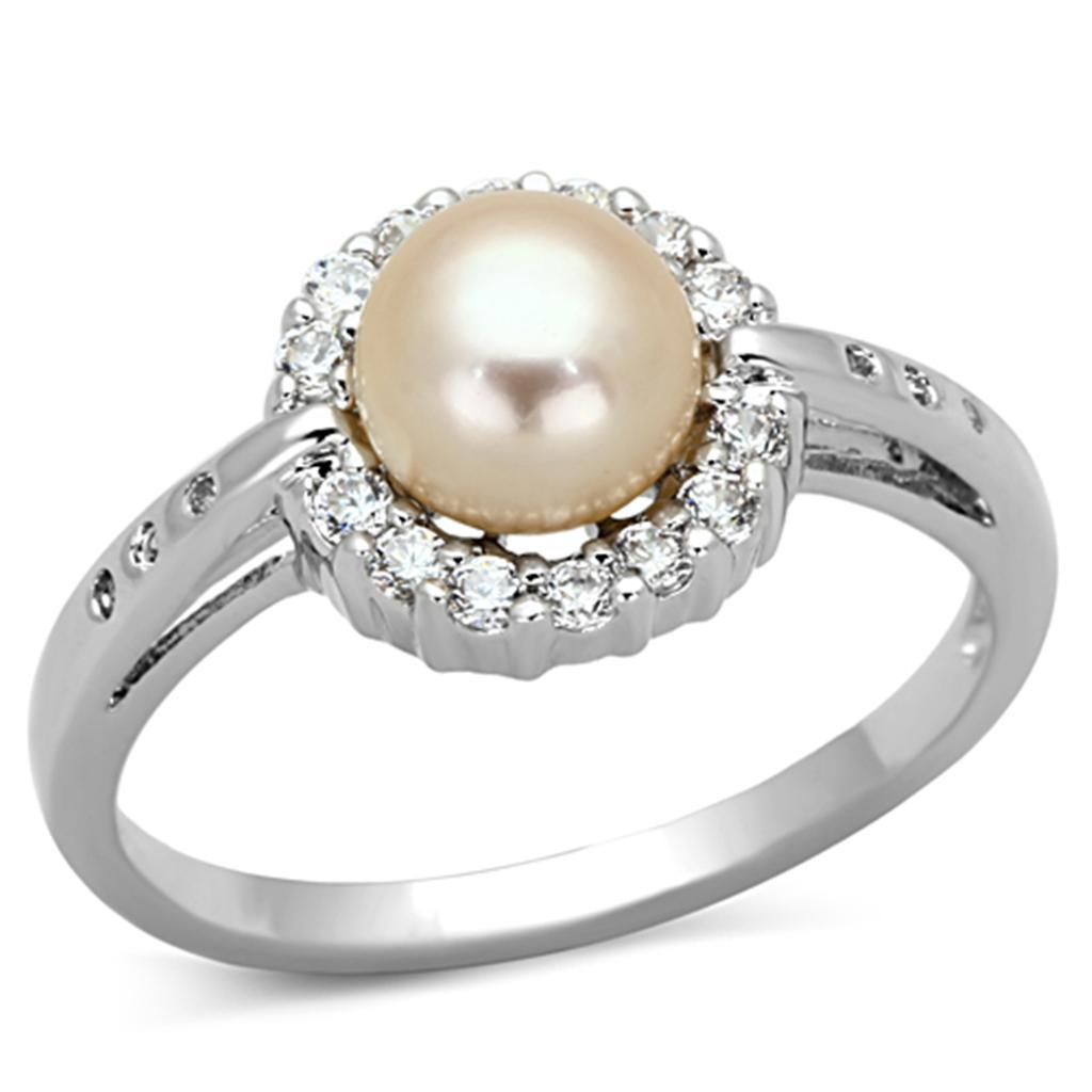3W487 - Rhodium Brass Ring with Synthetic Pearl in White