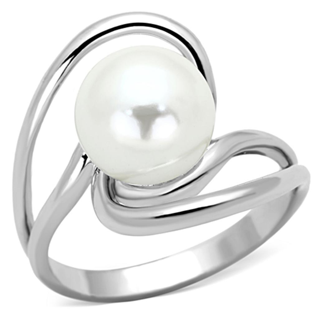 3W512 - Rhodium Brass Ring with Synthetic Pearl in White