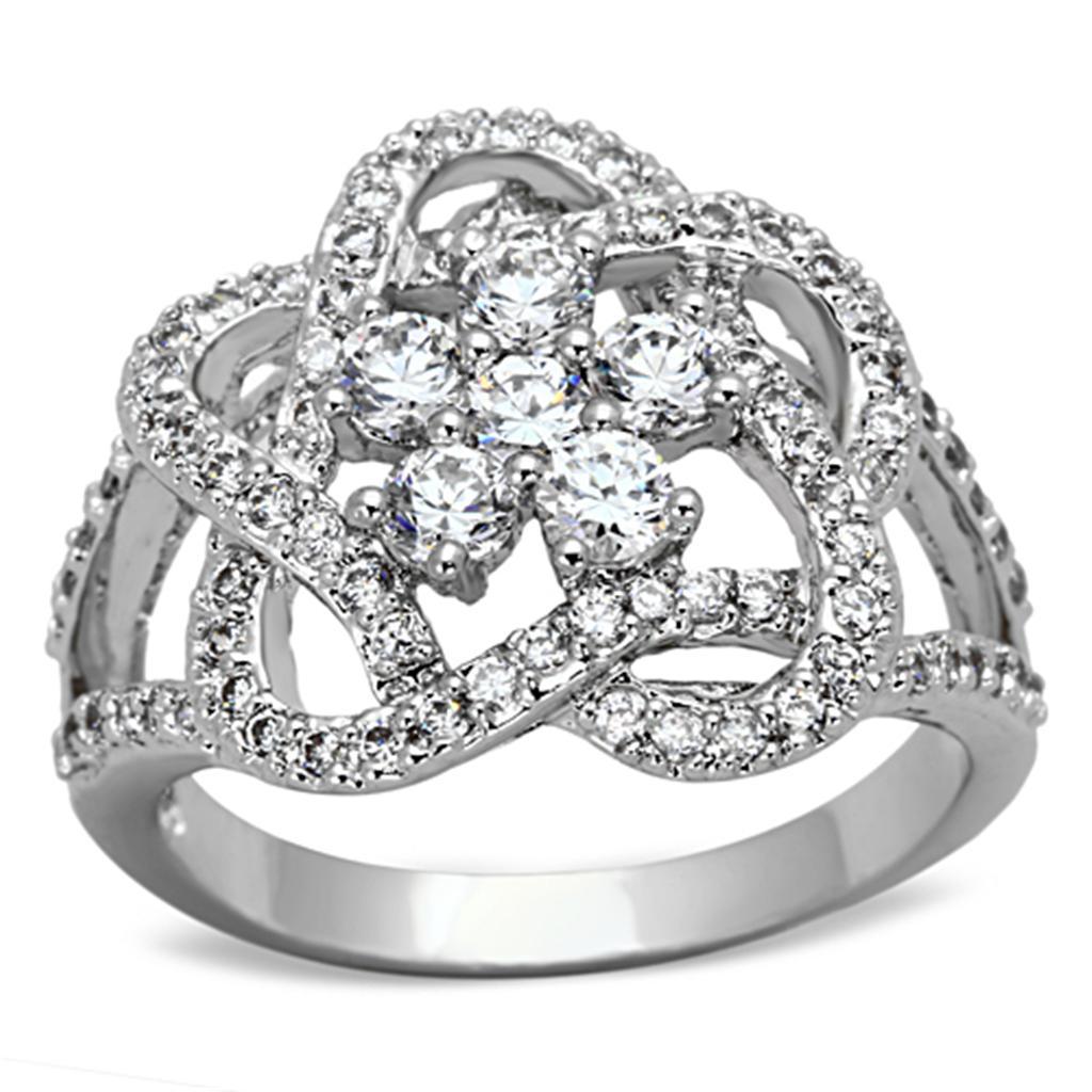 3W523 - Rhodium Brass Ring with AAA Grade CZ  in Clear