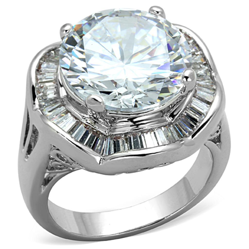 3W589 - Rhodium Brass Ring with AAA Grade CZ  in Clear