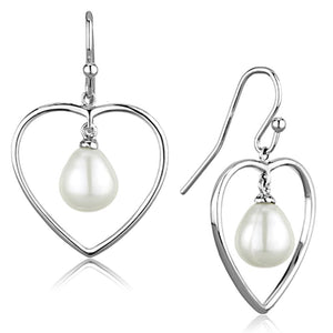 3W630 - Rhodium Brass Earrings with Semi-Precious Pearl in White