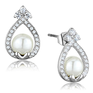 3W665 - Rhodium Brass Earrings with Synthetic Pearl in White