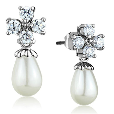 3W672 - Rhodium Brass Earrings with Synthetic Pearl in White