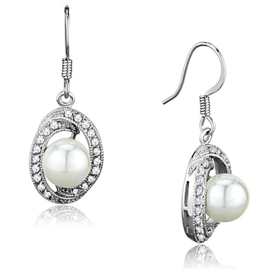 3W673 - Rhodium Brass Earrings with Synthetic Pearl in White