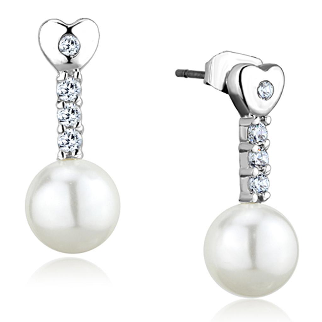 3W675 - Rhodium Brass Earrings with Synthetic Pearl in White