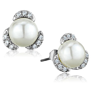 3W686 - Rhodium Brass Earrings with Synthetic Pearl in White
