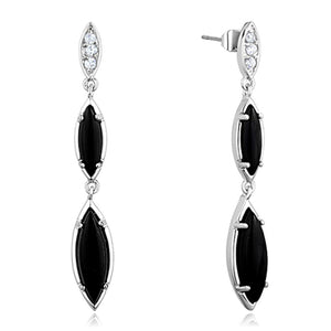 3W702 - Rhodium Brass Earrings with Synthetic Onyx in Jet